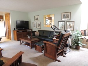 We painted two walls of the family room a light green and hung a mirror and some Audubon prints.