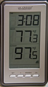 This is the temperature on our back deck as of a half hour ago. It is up to 99.1 now. I HATE the heat!