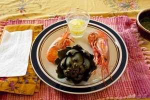 Spot Prawns and home-grown artichokes for lunch.