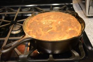 A finished loaf of sourdough bread. I try to use cast iron cookware when we are playing pioneer days.