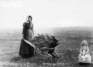 midwestern USA --- Ada McColl pushing the wheelbarrow with buffalo chips for fuel on the plains with brother Burt McColl --- Image by © Bettmann/CORBIS